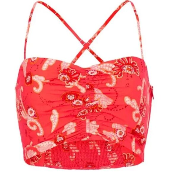 A.L.C. Arit Ruched Cropped Top Calla Multi Floral Paisley Red Boho Feminine NWT - Picture 2 of 14